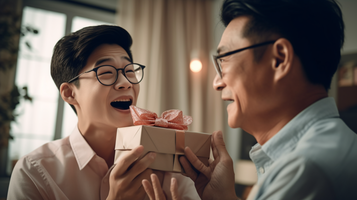 驚きと感動の表情！30代の男性が10代の男性にプレゼントを渡される瞬間の驚きの表情