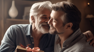 感謝と愛を伝える瞬間！白髪の老人が中年の息子のほっぺに感謝のキスをしながらプレゼントを受け取る材
