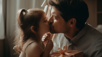 40代の男性が娘に感謝のキスをしながらプレゼントを開ける