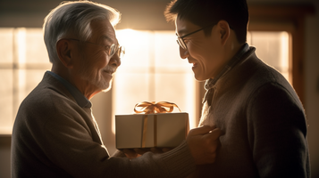 夕日が沈む背景で白髪の男性が中年男性からプレゼントを受け取る感動の瞬間