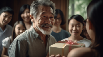 家族が見守る中で白髪の男性が女性からプレゼントを受け取る感動の瞬間