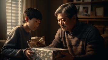 中年男性と男の子が一緒にプレゼントの包装紙を開けるシーン