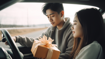 20代の男性が車の中で幼い女の子からプレゼントを受け取る