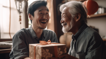 白髪の男性が中年男性からプレゼントを受け取った瞬間、中年男性が笑顔で拍手する感動のシーン
