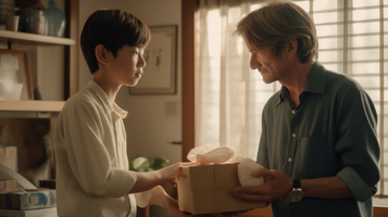 幼い男の子が20代の男性に映画ポスターの飾られたプレゼントを渡すシーン