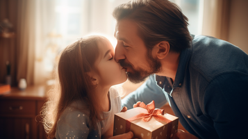 40代の男性が感謝のキスをしながら幼い娘にプレゼントを渡すシーン