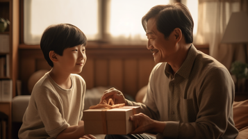 小学生の男の子が父親にプレゼントを渡している温かい光景
