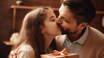 30代の男性が10代の男性のほっぺに感謝のキスをしながらプレゼントを開ける愛情の瞬間