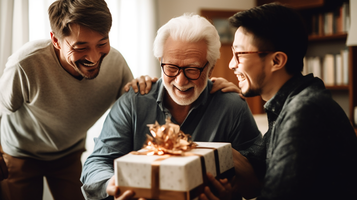 中年男性が白髪の男性にプレゼントを渡す際に、白髪の男性が中年男性を抱きしめる感動のシーン