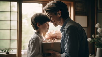 20代の男性が幼い男の子のほっぺに感謝のキスをしながらワクワクしてプレゼントを開けるシーン