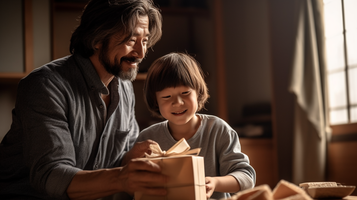 20代の男性と幼い男の子が一緒にワクワクしながらプレゼントの包装紙を開ける愉快な光景