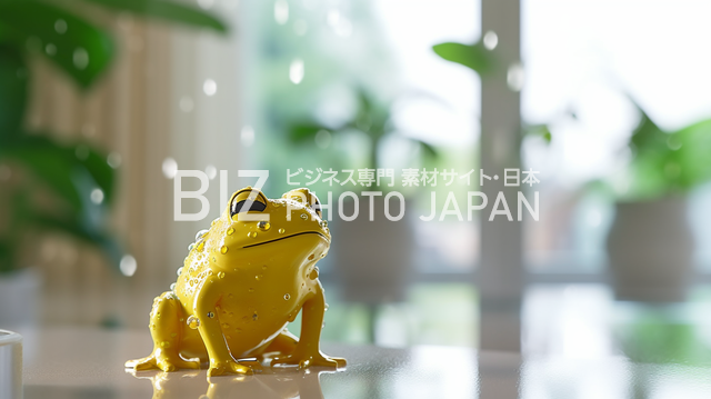 ☆商用フリー写真素材＆登録不要｜ほっこり！黄色い蛙の置物が水滴に