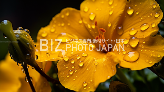 濡れた黄色い花びらについた雨滴のマクロショット
