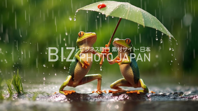 ユニークでかわいい！傘を持った蛙2匹が雨に濡れずに遊ぶ姿