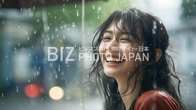 雨でびしょ濡れの髪を押さえる女性