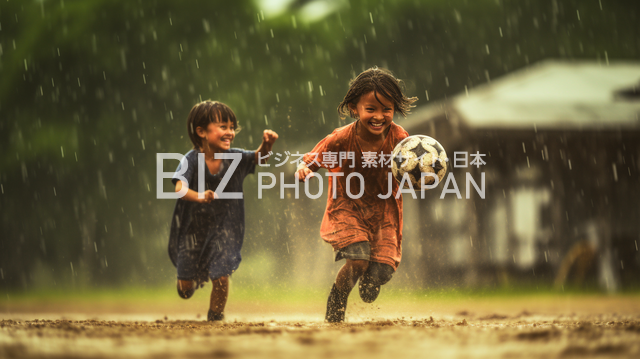 雨傘をさす子供が水たまりでサーカーをする半袖の男の子