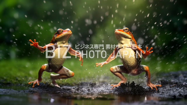 雨の中、蛙が飛び跳ねる風景