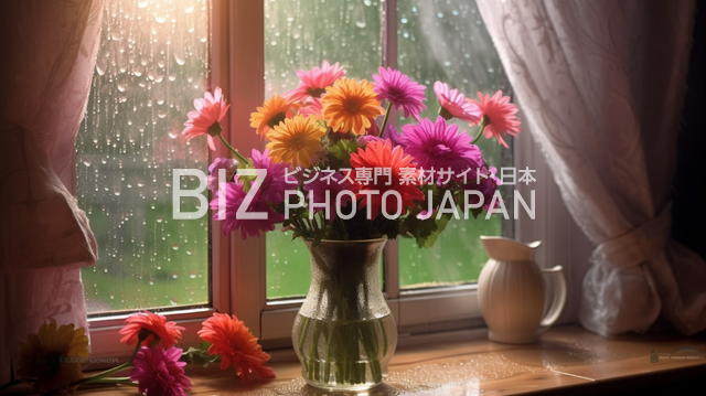 雨が降る日の窓際に飾られたカラフルな花束が花瓶にいけてある様子