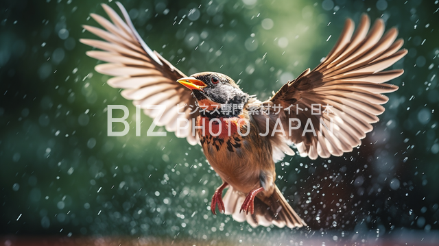 雨の中を飛ぶ鳥