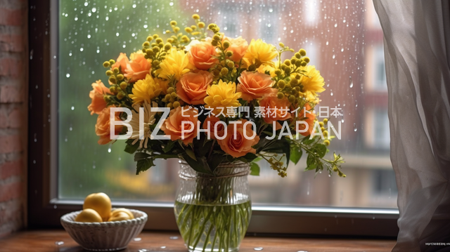 雨が降る日の窓際に飾られた黄色の花束が花瓶にいけてある様子
