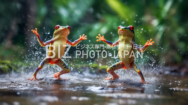 陽気な雨遊び！蛙2匹が水しぶきと笑顔を奏でる