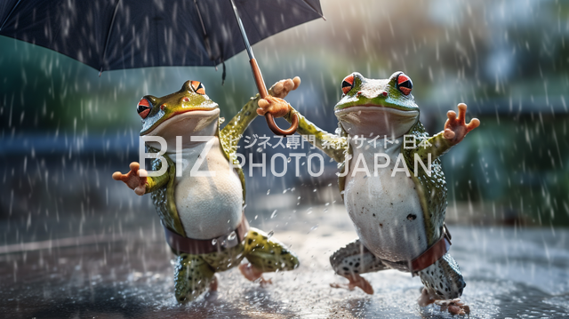 傘を持った蛙が飛び跳ねる風景