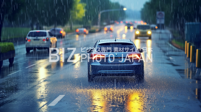 雨の中を走る自動車