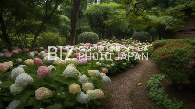 6月 梅雨に咲く紫陽花（あじさい・アジサイ）の日本庭園