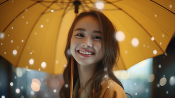 黄色の雨傘をさす20代の綺麗な女性