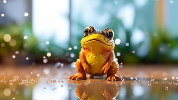 黄色の蛙が水滴に濡れる光景