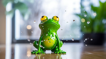 驚きとほっこり！緑色の蛙が屋内に！上から水滴に濡れてびっくりしている様子