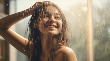 雨でびしょ濡れの髪を押さえる女性