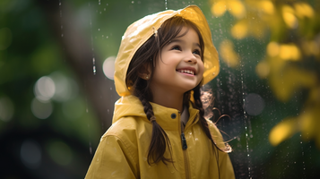 黄色いレインコートを着て雨の中、笑顔で空を見上げるお三つ編みの女の子