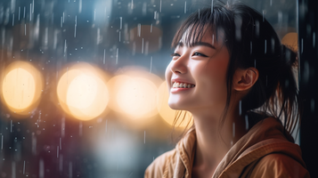 雨の中で音楽を聴く女性
