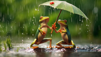 ユニークでかわいい！傘を持った蛙2匹が雨に濡れずに遊ぶ姿