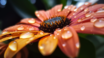 濡れた橙色の花びらについた雨滴のマクロショット