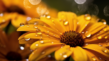 濡れた黄色い花びらについた雨滴のマクロショット