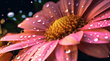濡れたピンクの花びらについた雨滴のマクロショット