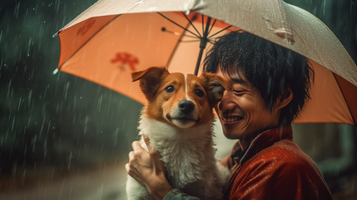 雨傘を差す男性と犬