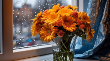 雨が降る日の窓際に飾られた黄色の花束が花瓶にいけてある様子