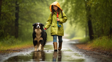 自然と絆を育む小雨の散歩シーン！成犬と飼い主の心温まる光景