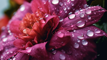 濡れた花びらについた雨滴のマクロショット