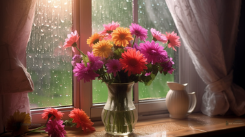 雨が降る日の窓際に飾られたカラフルな花束が花瓶にいけてある様子