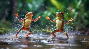陽気な雨遊び！蛙2匹が水しぶきと笑顔を奏でる