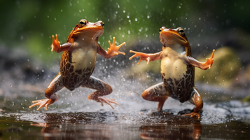 雨の中、蛙が飛び跳ねる風景