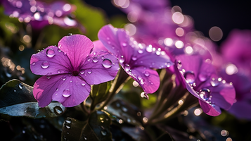 濡れた紫色の花びらについた雨滴のマクロショット