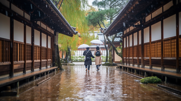 雨の中を歩く学生