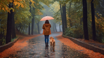 雨の中を歩く犬