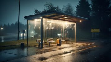 雨で濡れたバス停