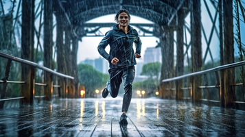雨の中を走る男性